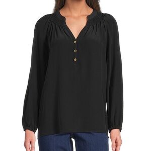 Lilly Pulitzer Elsa Silk Notch Neck Long Sleeve Half Button Top Black